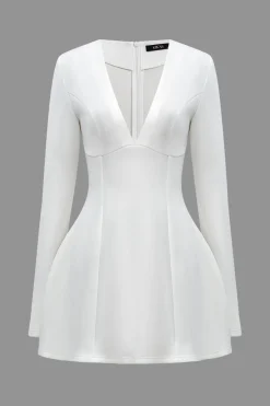 MICAS Long Sleeve Dresses|Mini Dresses-V-Shape Long Sleeve Mini Dress WHITE