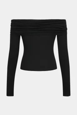 MICAS Long Sleeve Tops|Long Sleeves Tops-V-Shaped Steel Ring Off Shoulder Ruched Long-Sleeve Top BLACK