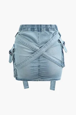 MICAS Skirts-V-waist Buckle Flap Pocket Denim Cargo Skirt