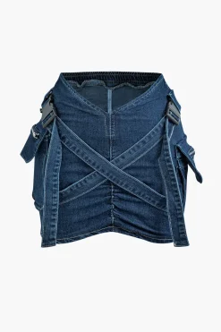 MICAS Skirts-V-waist Buckle Flap Pocket Denim Cargo Skirt