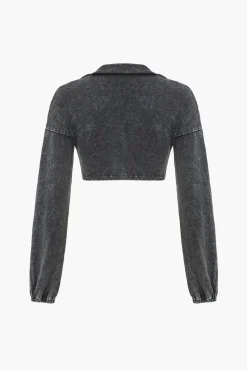 MICAS Skirt Sets-Washed Denim Crop Top And Pleated Mini Skirt Set BLACK