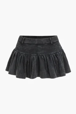 MICAS Skirt Sets-Washed Denim Crop Top And Pleated Mini Skirt Set BLACK