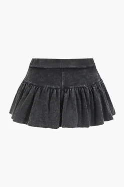 MICAS Skirt Sets-Washed Denim Crop Top And Pleated Mini Skirt Set BLACK