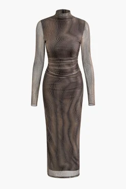 MICAS Long Sleeve Dresses|Maxi Dresses-Wave Mock Neck Mesh Long Sleeve Maxi Dress BROWN