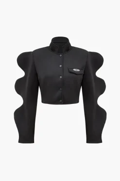 MICAS Outerwear|Outerwear-Wave Sleeve Buttoned Stand Collar Crop Jacket BLACK