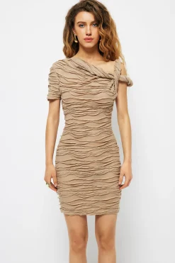 MICAS Mini Dresses-Wave Texture Twist Asymmetrical Mini Dress KHAKI