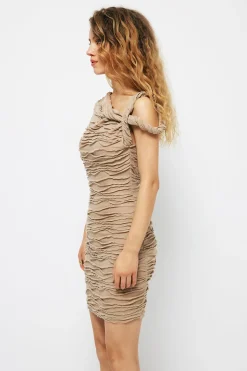 MICAS Mini Dresses-Wave Texture Twist Asymmetrical Mini Dress KHAKI