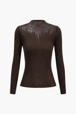 MICAS Knit Tops-Wool Contrast Knit Long-Sleeve Top BROWN