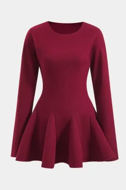 MICAS Long Sleeve Dresses|Mini Dresses-Woolen Round Neck Long Sleeve Puff Mini Dress BURGUNDY
