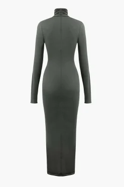 MICAS Long Sleeve Dresses|Maxi Dresses-Wrap Ruched High Neck Long Sleeve Maxi Dress