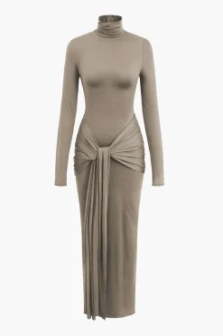 MICAS Long Sleeve Dresses|Maxi Dresses-Wrap Ruched High Neck Long Sleeve Maxi Dress