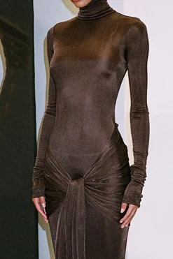 MICAS Long Sleeve Dresses|Maxi Dresses-Wrap Ruched High Neck Long Sleeve Maxi Dress