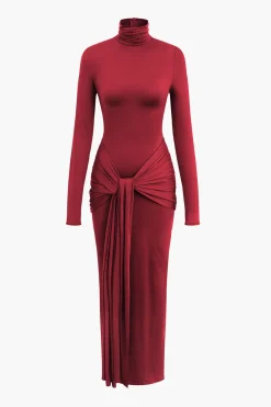 MICAS Long Sleeve Dresses|Maxi Dresses-Wrap Ruched High Neck Long Sleeve Maxi Dress