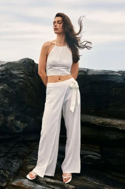 MICAS Pants-Wrap Tie Linen Wide Leg Pants WHITE