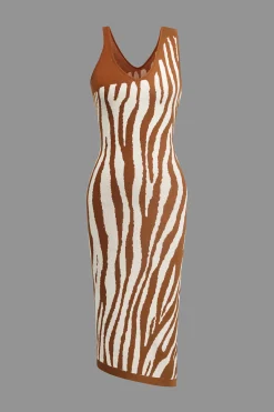 MICAS Midi Dresses-Zebra Print Asymmetrical Midi Dress BROWN