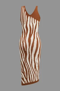 MICAS Midi Dresses-Zebra Print Asymmetrical Midi Dress BROWN