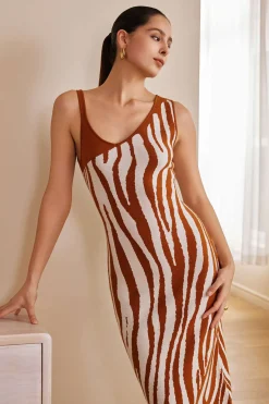 MICAS Midi Dresses-Zebra Print Asymmetrical Midi Dress BROWN