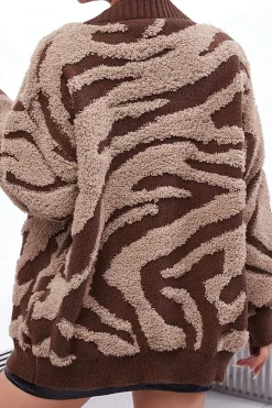 MICAS Outerwear|Outerwear-Zebra Stripe Textured Sweater Cardigan BROWN