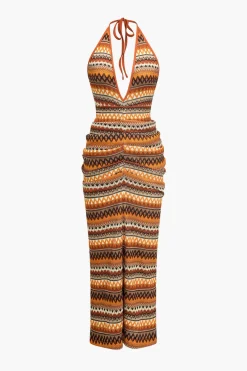 MICAS Knitwear|Maxi Dresses-Zigzag Stripe Halter Backless Knit Maxi Dress MULTICOLOR