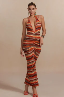 MICAS Knitwear|Maxi Dresses-Zigzag Stripe Halter Backless Knit Maxi Dress MULTICOLOR