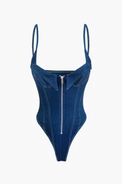 MICAS Bodysuits-Zip Up Denim Sleeveless Bodysuit BLUE