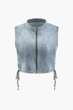 MICAS Outerwear|Outerwear-Zip Up Side Tie Denim Sleeveless Top LIGHT WASH BLUE