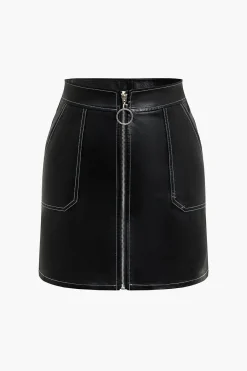MICAS Skirts-Zip-Front Faux Leather Mini Skirt BLACK