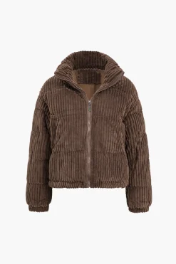 MICAS Outerwear|Outerwear-Zipper Corduroy Puffer BROWN
