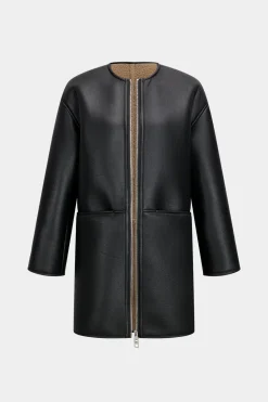 MICAS Outerwear|Outerwear-Zipper Double-Sided Long Sleeve Round Neck Coat BLACK