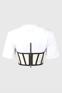 MICAS Corset & Bustier Tops|T-Shirts-Zipper Short Sleeve Round Neck Corset Waist T-Shirt