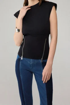 MICAS Tank Tops & Cami-Zippered Short Sleeve Tank Top BLACK