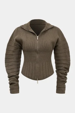 MICAS Knitwear|Knit Tops-Zippered Sweater Long-Sleeve Top TAN